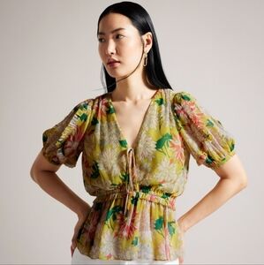 Ted Baker Gabbyie Ruffled Floral Puff Sleeve Top